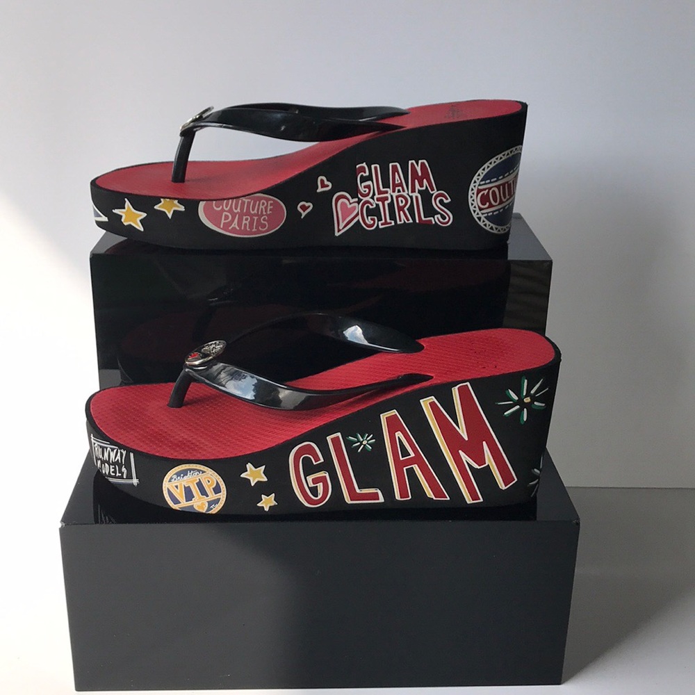 Brighton Glam Girls Black Wedge Flip Flops